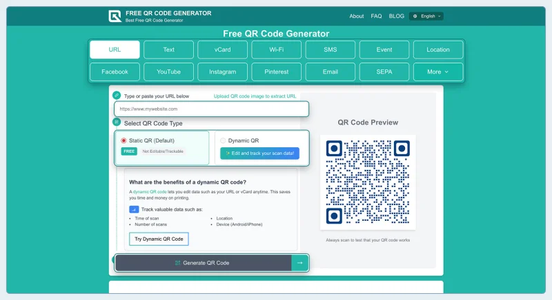 Generate with free QR code generator Create free QR code