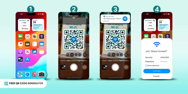 WiFi QR code scanning guide on iPhone and Android